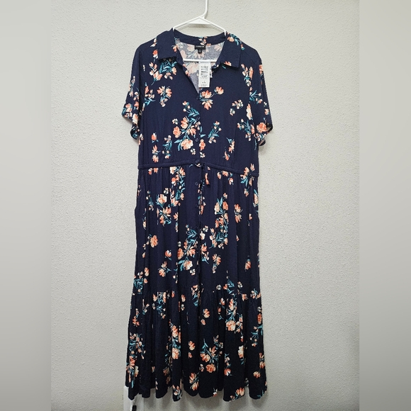 Torrid NWT 1X Plus Navy Floral Midi Challis Button Front Shirt Dress Pockets - Picture 2 of 8